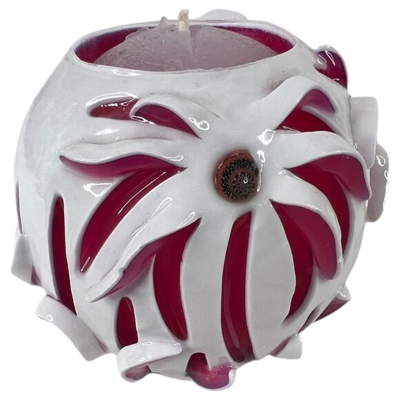 Handcrafted White & Pink Ribbon Candle Sculpted Floral Design Round 3.5” Tall - Picture 5 of 7